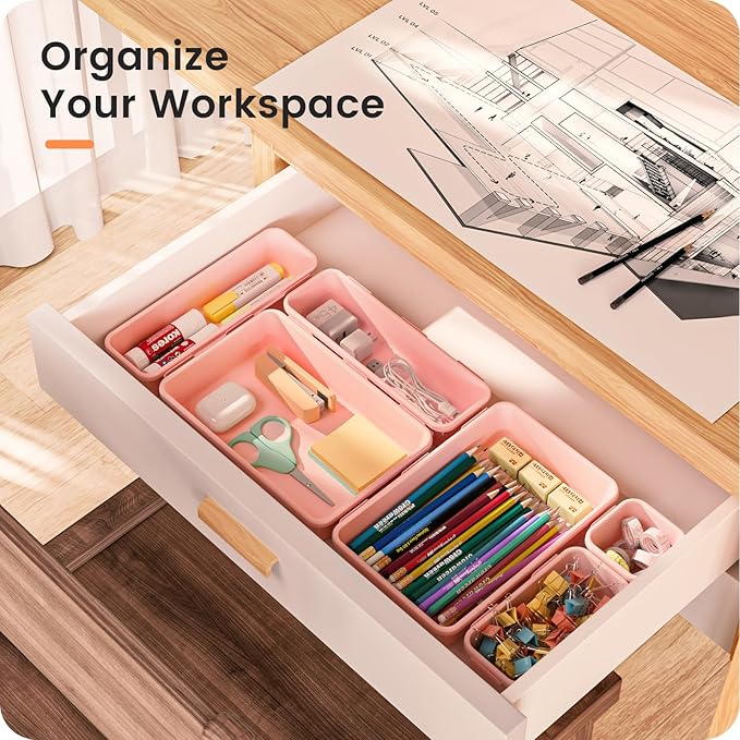 A-LuGei 【𝟮𝟴𝗣𝗖𝗦】 【𝟱𝗦𝗶𝘇𝗲】 Pink Drawer Organizer, Makeup organizer, 【Holds 177 Items】 Bathroom Organizers and Storage, Plastic Desk Organizer Divider, Organizer Bins for Office Vanity