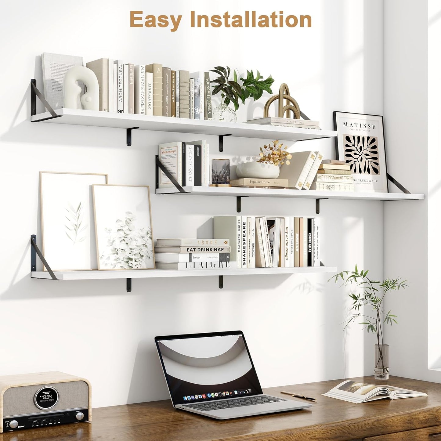 Fun Memories Extra Long Floating Wall Shelves, 48 x 8 Inches, Set of 3 Large Wood Floating Bookshelves with Metal Brackets for Storage & Display (White)