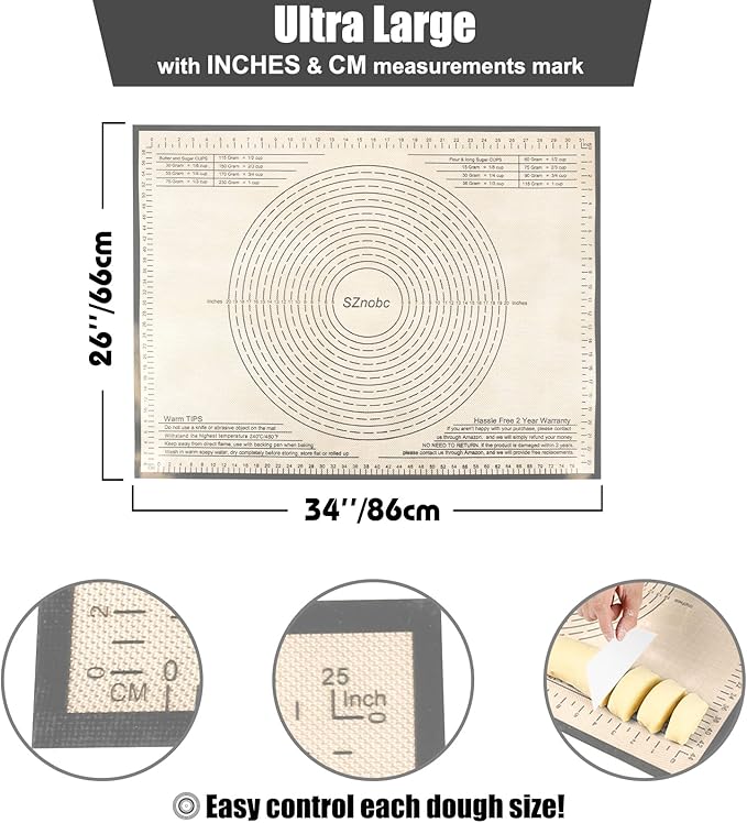 Extra Large Silicone Pastry Mat 34x26 Inch - Nonstick Baking Mats with Measurements, Great for Dough Rolling, Pastry, Pie Crust, Fondant, Cookies, Bread, Pasta, Pizza, Counter Mat