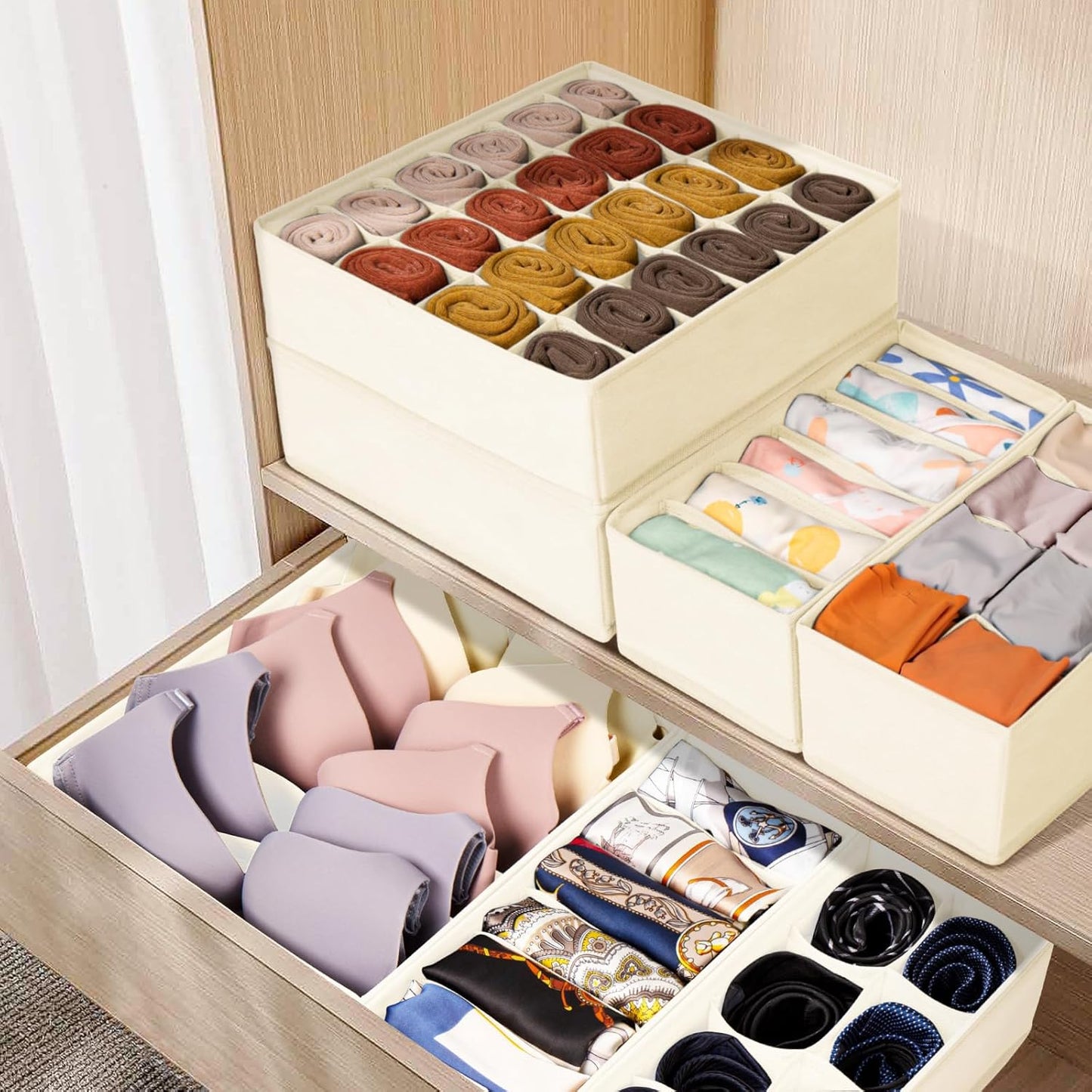 Drawer Organizer Clothes, 8 Pack Dresser Organizer Bins for Baby Clothes, Underwear Sock, Fabric Closet Organization and Storage Dividers for Nursery Bedroom (48 Compartments, Beige)