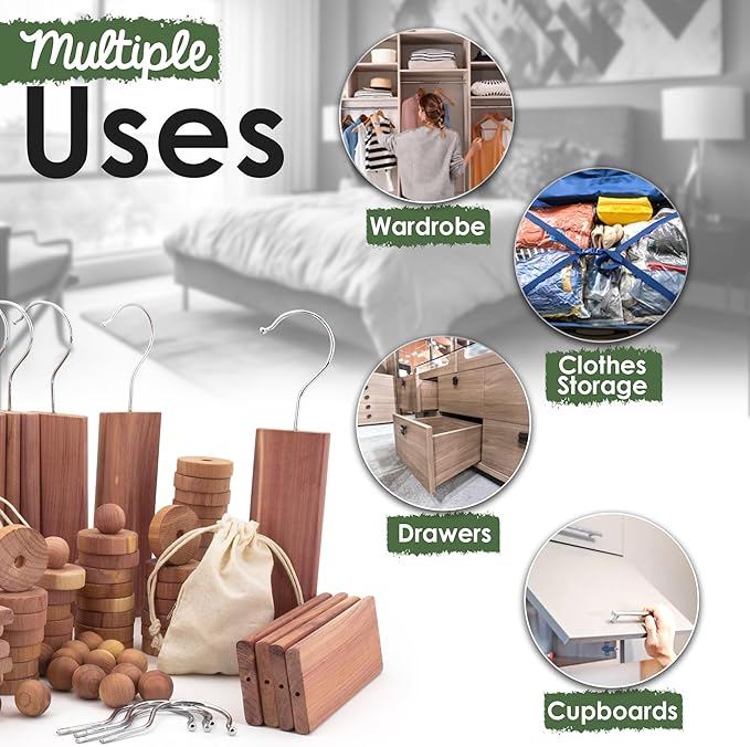 ecoKiwi Cedar Blocks for Clothes Storage Mega Bundle Box - Cedar Hangers x20, Balls x75 & Rings x55-100% Natural Oil Planks & Chips for Closets & Drawers - Aromatic Red Cedar Wood with Sandpaper