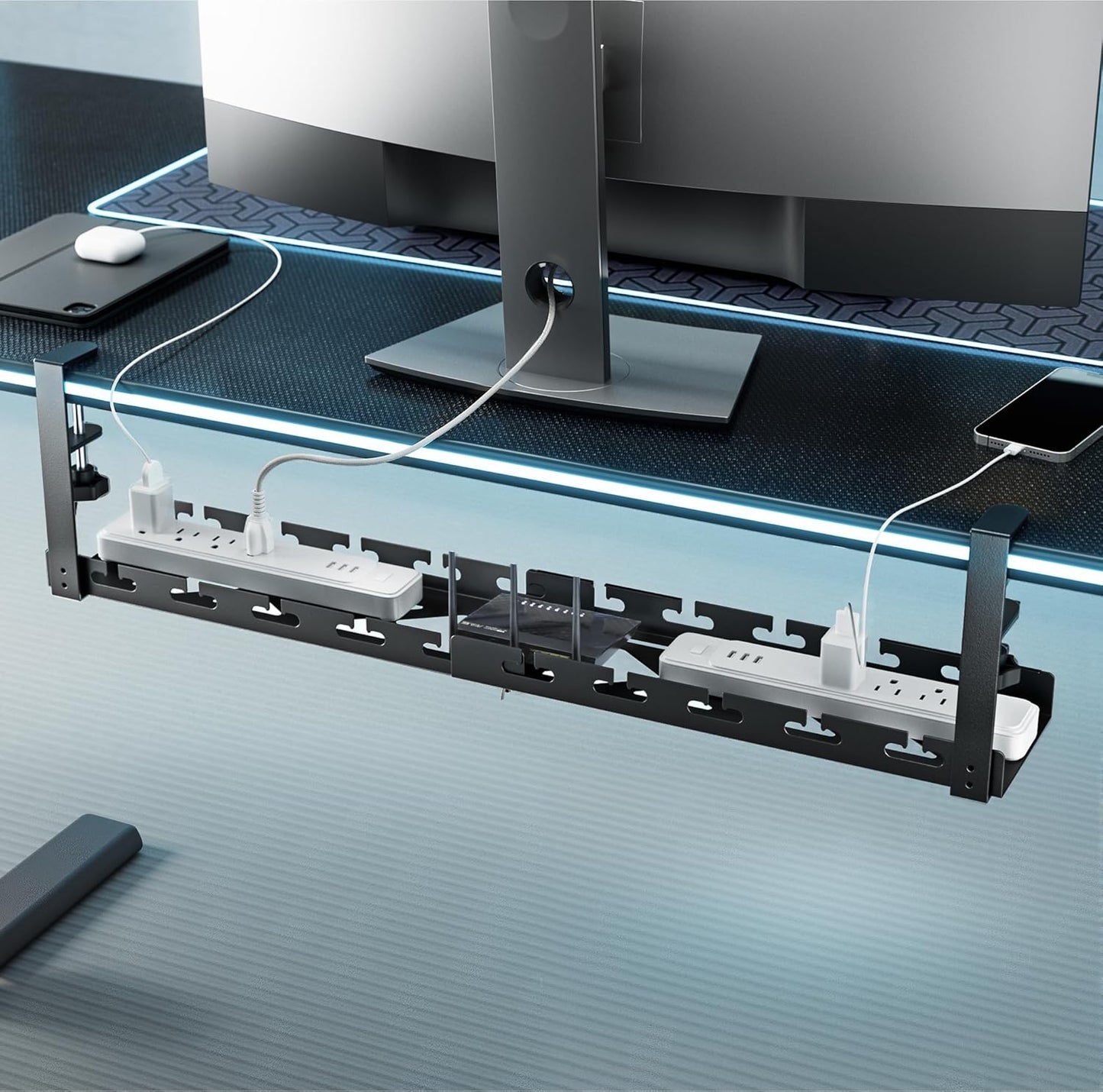 ARES WING 17"-28.7" Extendable Under Desk Cable Management Tray with Cable Slots, Clamp On Cord Organizer Holds Up to 11 lbs, Black Metal Under Desk Storage for Office and Gaming Accessories