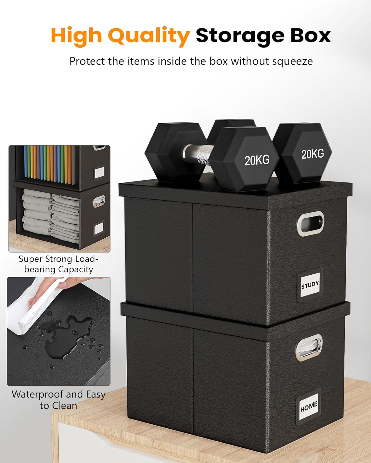 2 Pack File Storage Organizer Box, Portable Filing With Lid, Fit for Letter/Legal Folder Storage, Black (Leather)