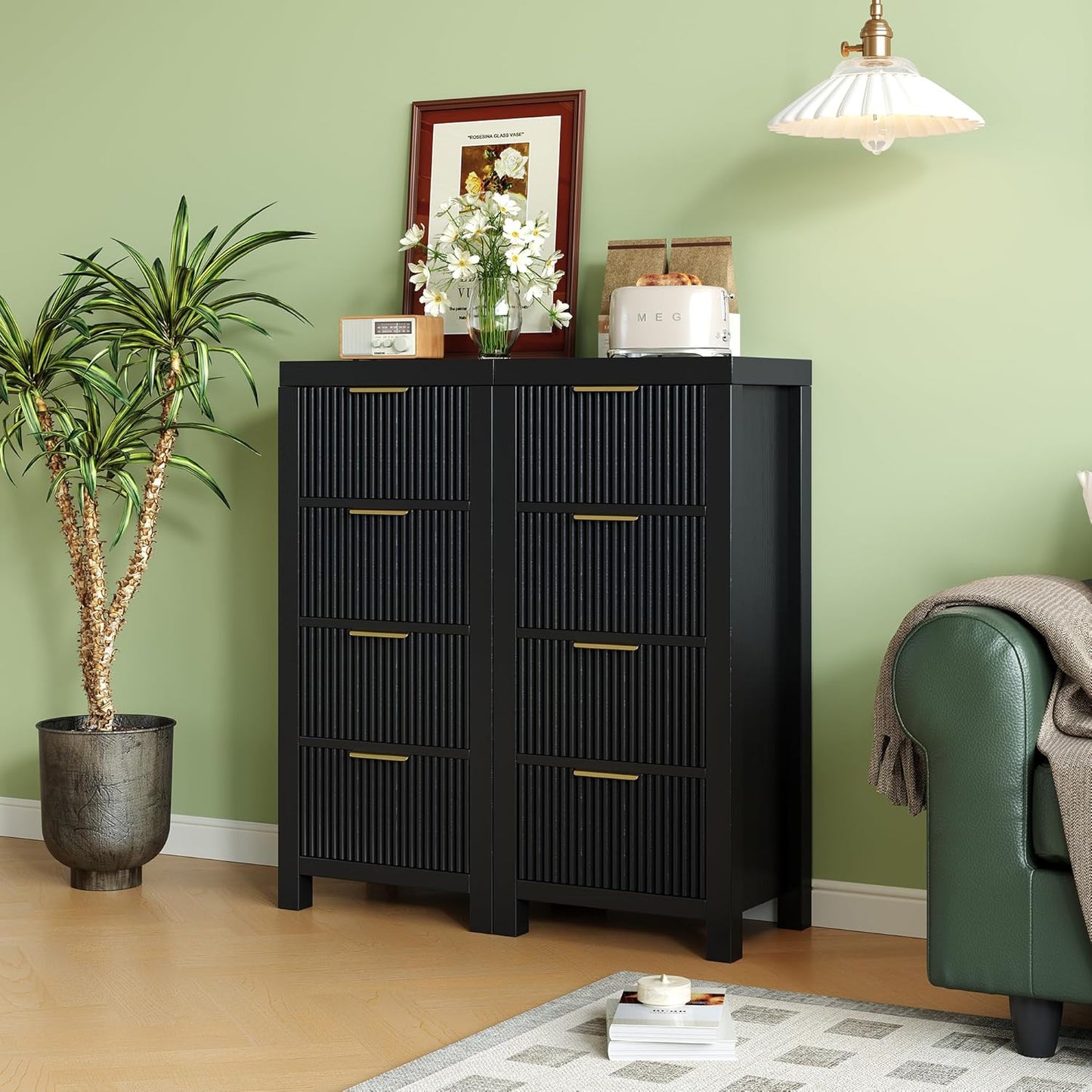 Mid-Century Modern Tall Wooden Dresser with 8 Spacious Drawers, Entryway Storage Chest with Smooth Metal Handles, Bedroom Clothes Organizer for Entryway, Office, and Small Spaces, Black X2