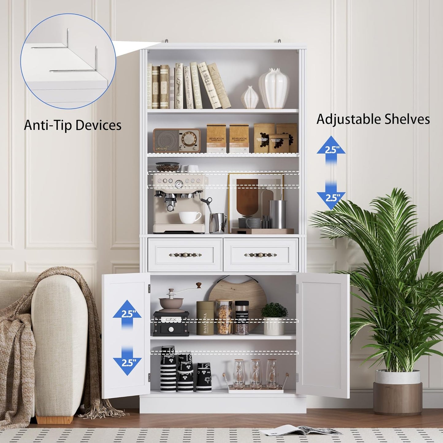 71.4" Tall Bookshelf with Drawers & Cabinet, 5-Tier Floor Standing Bookcase with Storage Doors, Adjustable Shelves & Metal Handles, 31.5" Wide Organizer for Home Office, Living Room