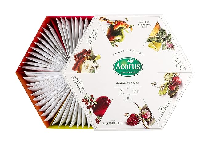 ACORUS Summer Taste Tea Set - Natural Assorted Tea Hamper Box Gift Set, Large Selection Box 60 Teas Bags, 6 Fruit and Berry Flavour Sampler, Perfect for Refreshing Iced Drinks