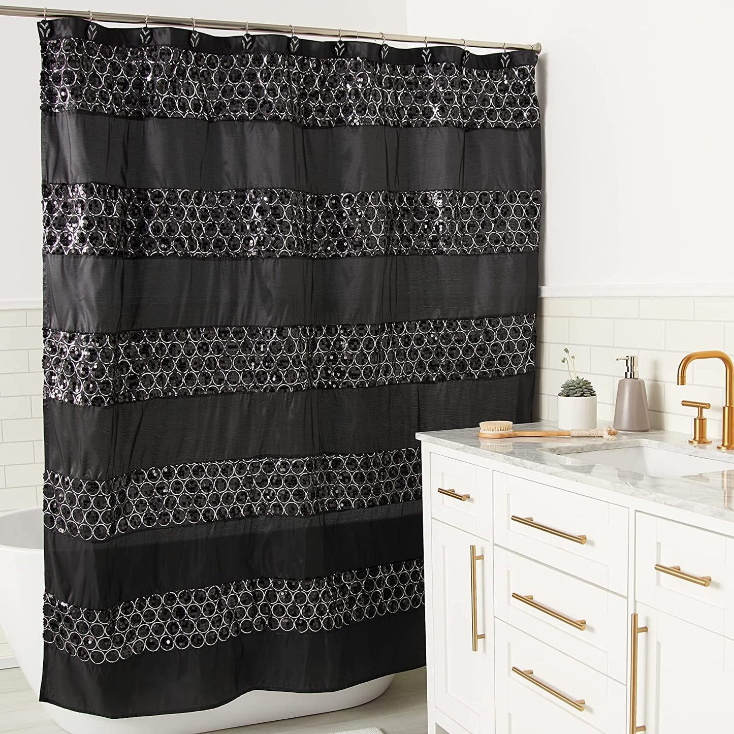 Zahari Home 13pc Sinatra Bathroom Shower Curtain Set Classic Shower Curtain & 12 Shower Curtain Hooks Luxury Fabric Shower Curtain Unique Design Bling Black Shower Curtain Set