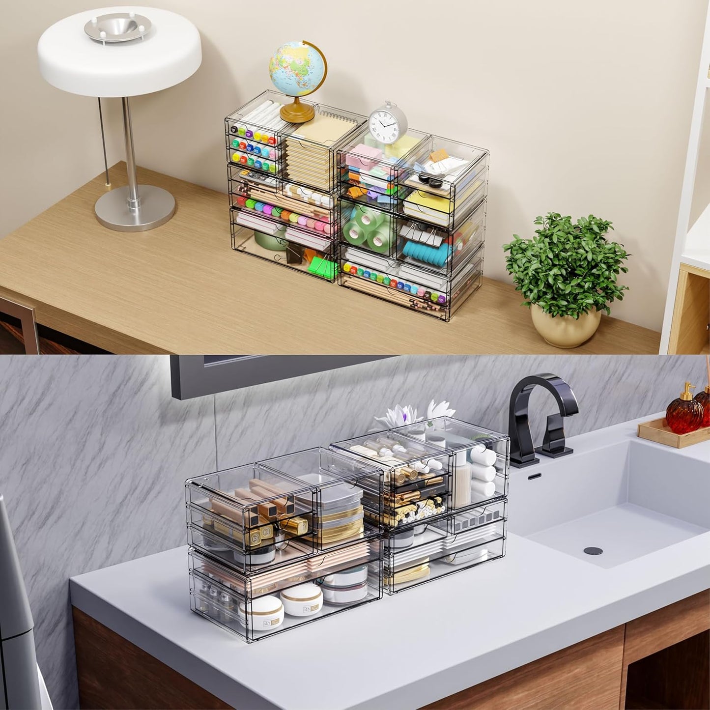 Yieach 2 Pack Acrylic Storage Drawers With 12 Small Drawer,Stackable Office Cabinet Organizer and Makeup Organizer,Clear Plastic Drawers for Craft Supply,Pen,Stationary,Accessory,Makeup,Desk Organizer