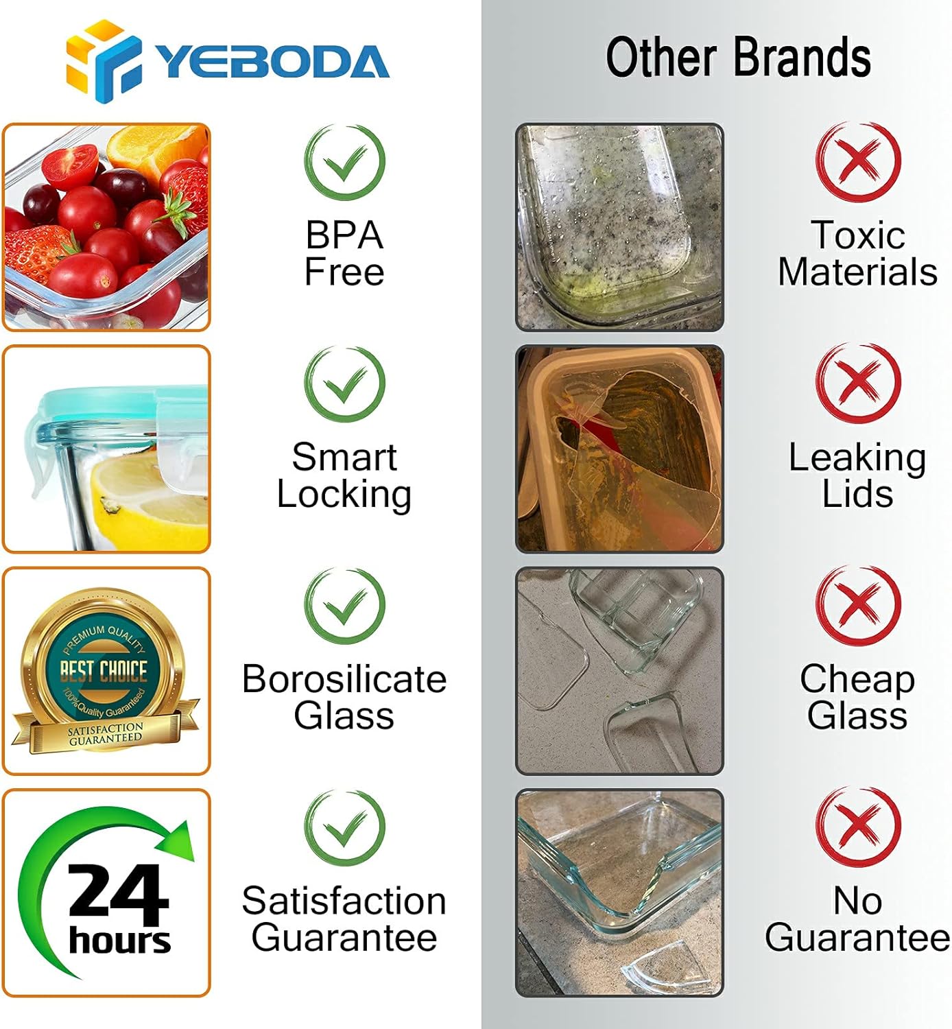 YEBODA Glass Food Storage Containers with Airtight Snap Locking Lids BPA Free Meal Prep Container Set For Home Kitchen Restaurant - Freezer, Microwave, Oven, Dishwasher Safe [28oz, 4 Pack]