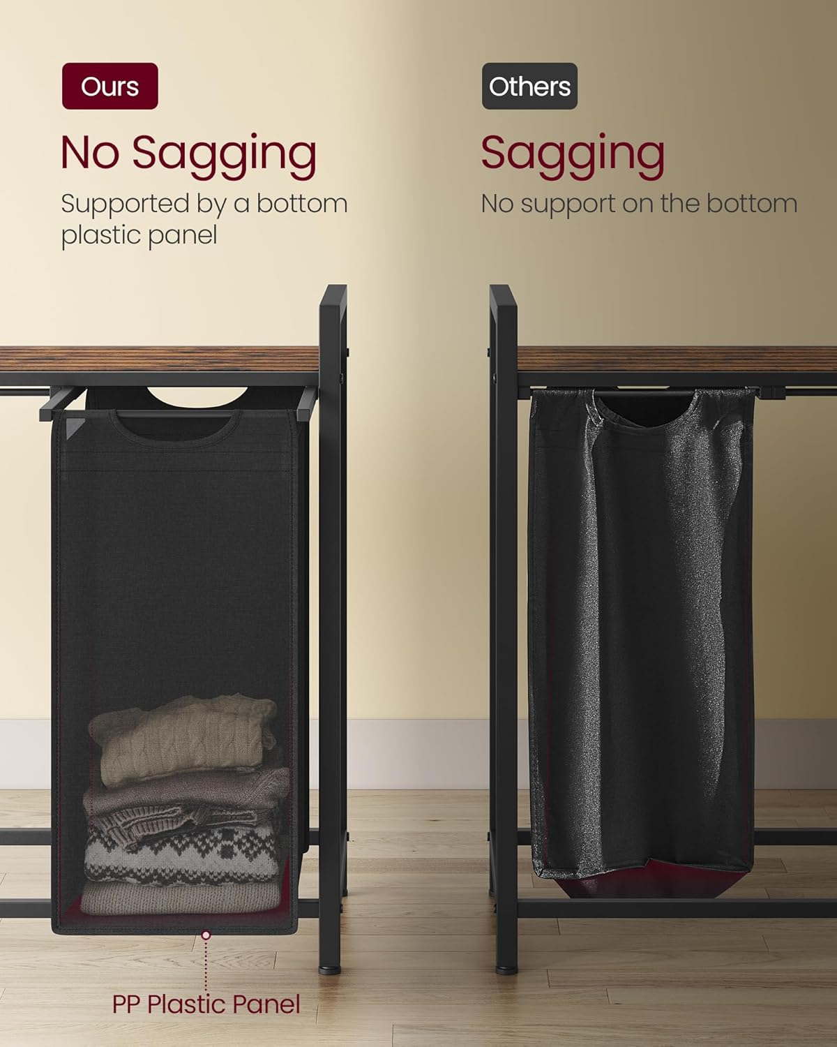 VASAGLE Laundry Hamper, Laundry Basket, Laundry Sorter with 4 Pull-Out and Removable Bags, Shelf, Metal Frame, 4 x 10.6 Gallons (40 L), 45.7 x 13 x 28.4 Inches, Ink Black and Rustic Brown UBLH401B01