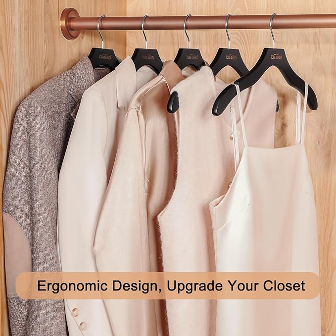 TOPIA HANGER Wooden Coat Hangers 24 Pack, Premium Wood Suit Sweater No Shoulder Bump Hangers, 360° Swivel Hook and Cut Notches Clothes Hangers for Sweater, Hoodie, Shirts, Jackets, Dress, Black CT85B