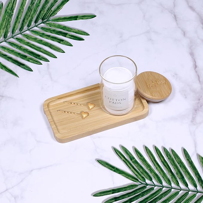 Qtip Holder with Vanity Tray - 2 Pack Glass Apothecary Jars with Lids, Cotton Ball Swab Pad Floss Pick Holder, Bathroom Organizers Jars Containers Canisters Accessories Set