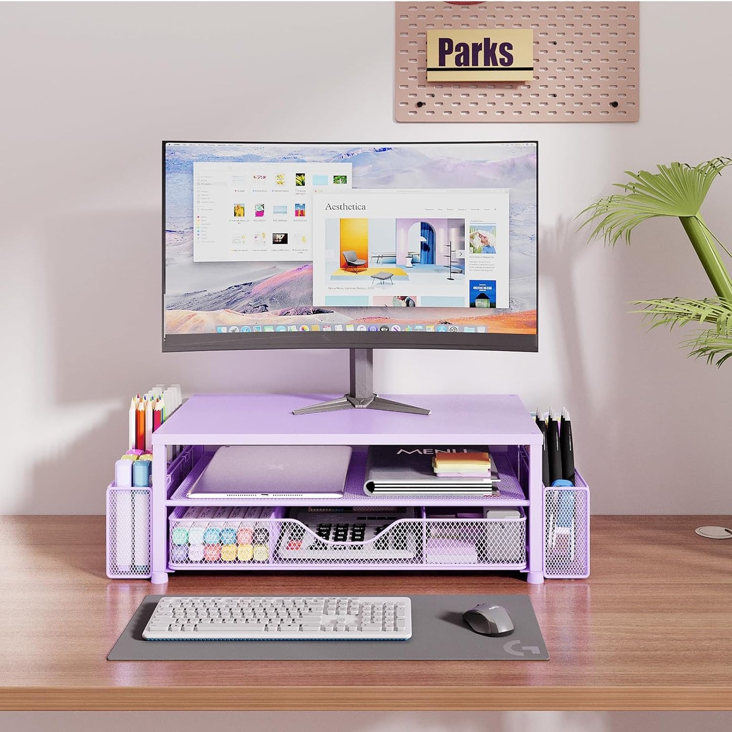 Desk Organizers and Accessories, 2-Tier Computer Monitor Stand Riser with Drawer and 2 Pen Holders, Laptop Stand, Office Desk Accessories & Office Decor for Women, Purple