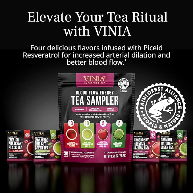 VINIA Tea Sampler, 4 Flavor Variety Pack. Made with Organic Teas, Infused with Piceid Resveratrol for Heart Health, Nitric Oxide, Physical Energy, Alertness, Blood Flow, Keto, Kosher, NON-GMO. 30 Ct