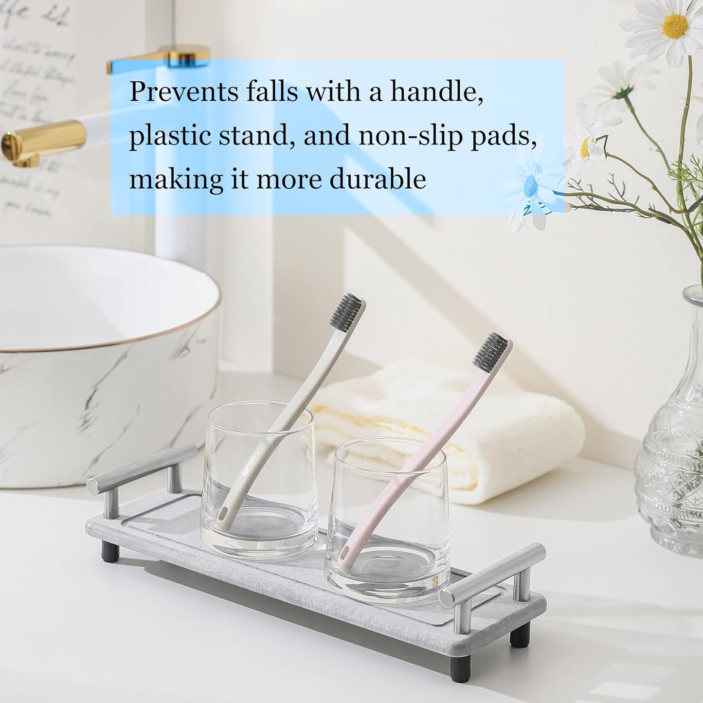 2PCS Instant Stone Drying Tray for Bathroom Kitchen, Bathroom Counter Decoration, Quick Dry Stone Sink Tray, Fast Drying Sink Caddy, Water Absorbing Sink Caddy (Light Grey & Silver Handle, Small)