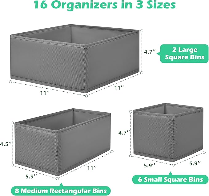 Drawer Clothing Organizer 16-Pack, Grey 3 Sizes Underwear Drawer Dividers, Fabric Folding Wardrobe Organizer, Can Store Baby Clothes, Bras, Underwear, Panties, Belts, Socks, Ties, etc.