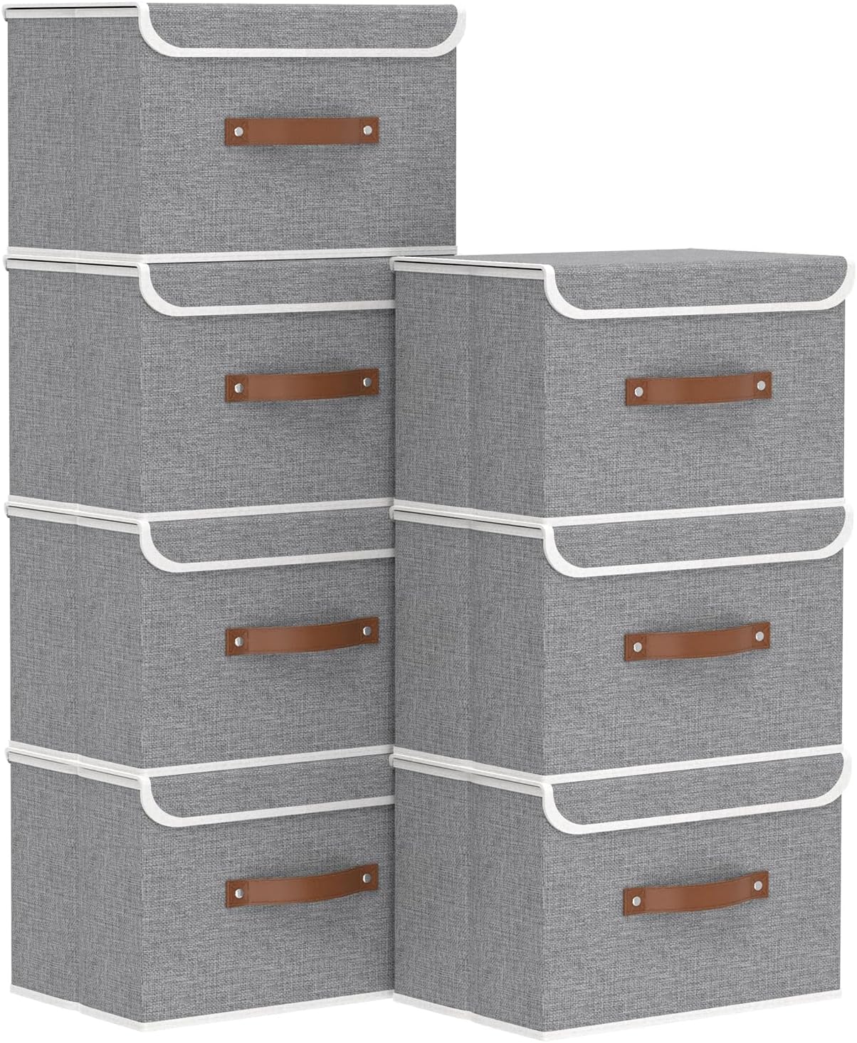 Yawinhe Collapsible Storage Bin, Cube Organizer Basket, Fabric Box with Lids, Washable and Leather Handle, for Home, Closet, Grey, 15.0''Lx9.8''Wx9.8''H, 7-Pack, USNK024GL-7
