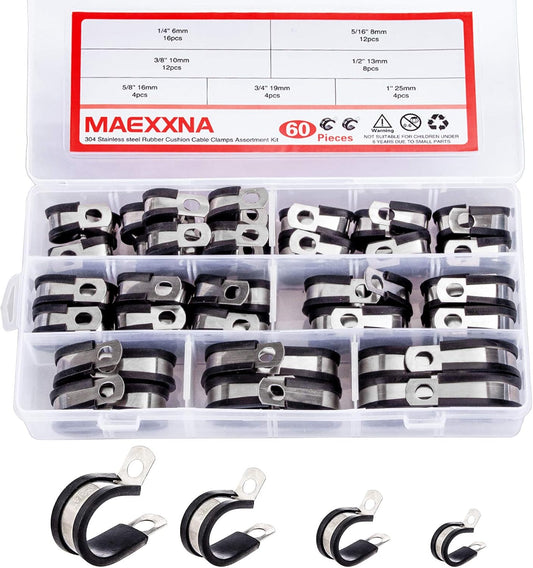 60pcs Wire Clamps Assortment Kit, Stainless Steel 304 Rubber Cushion Cable Clamps Assorted in 7 Sizes 1/4'' 5/16'' 3/8'' 1/2'' 5/8'' 3/4'' 1'', Pipe Clamp Set for wiring, lines and hoses