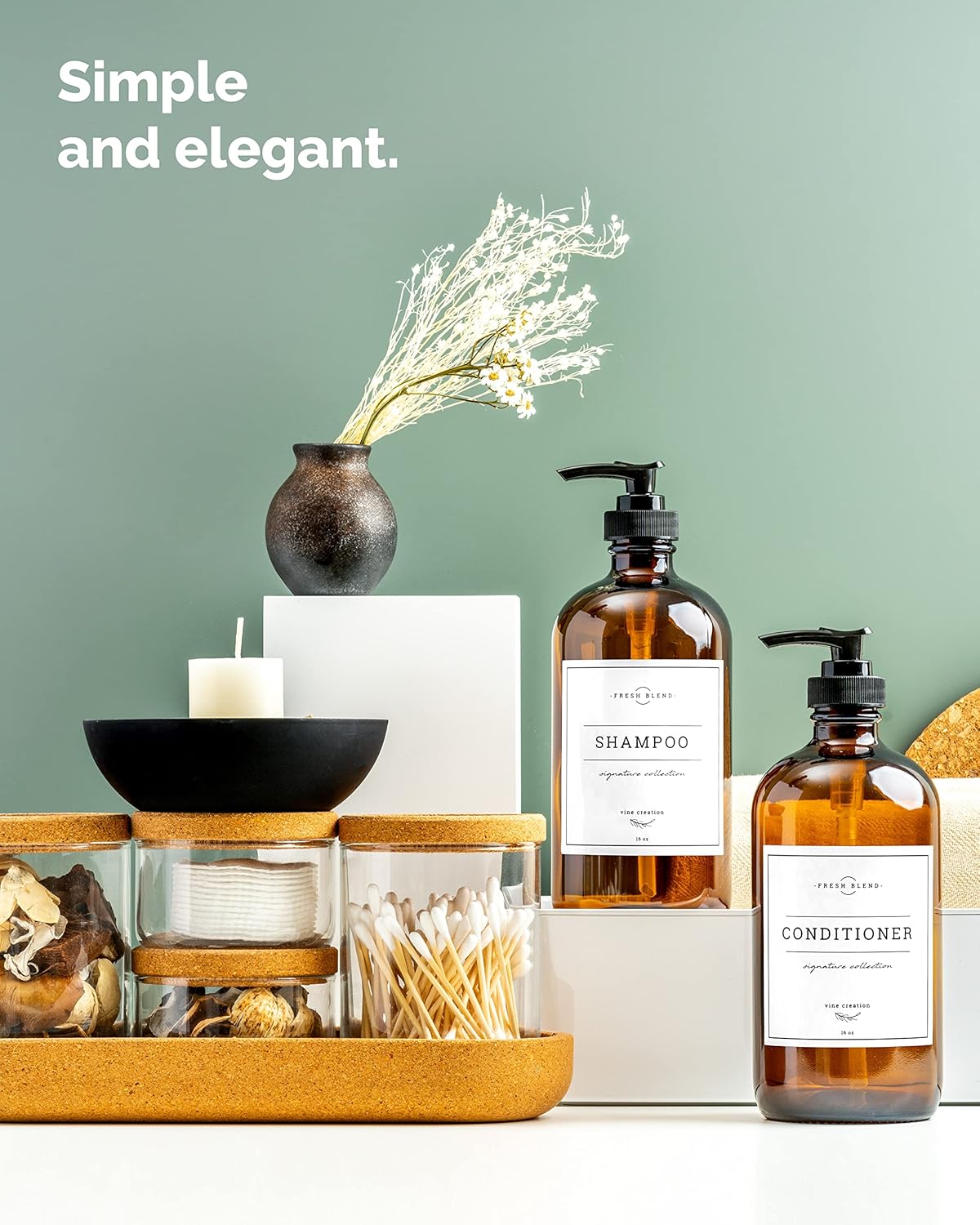 Vine Creations Amber Glass Soap Dispenser, 2 Pack Kitchen Soap Dispenser Set with Rustproof Pump, 16 oz Dish Soap and Hand Soap Dispensers for Bathroom with Waterproof Labels