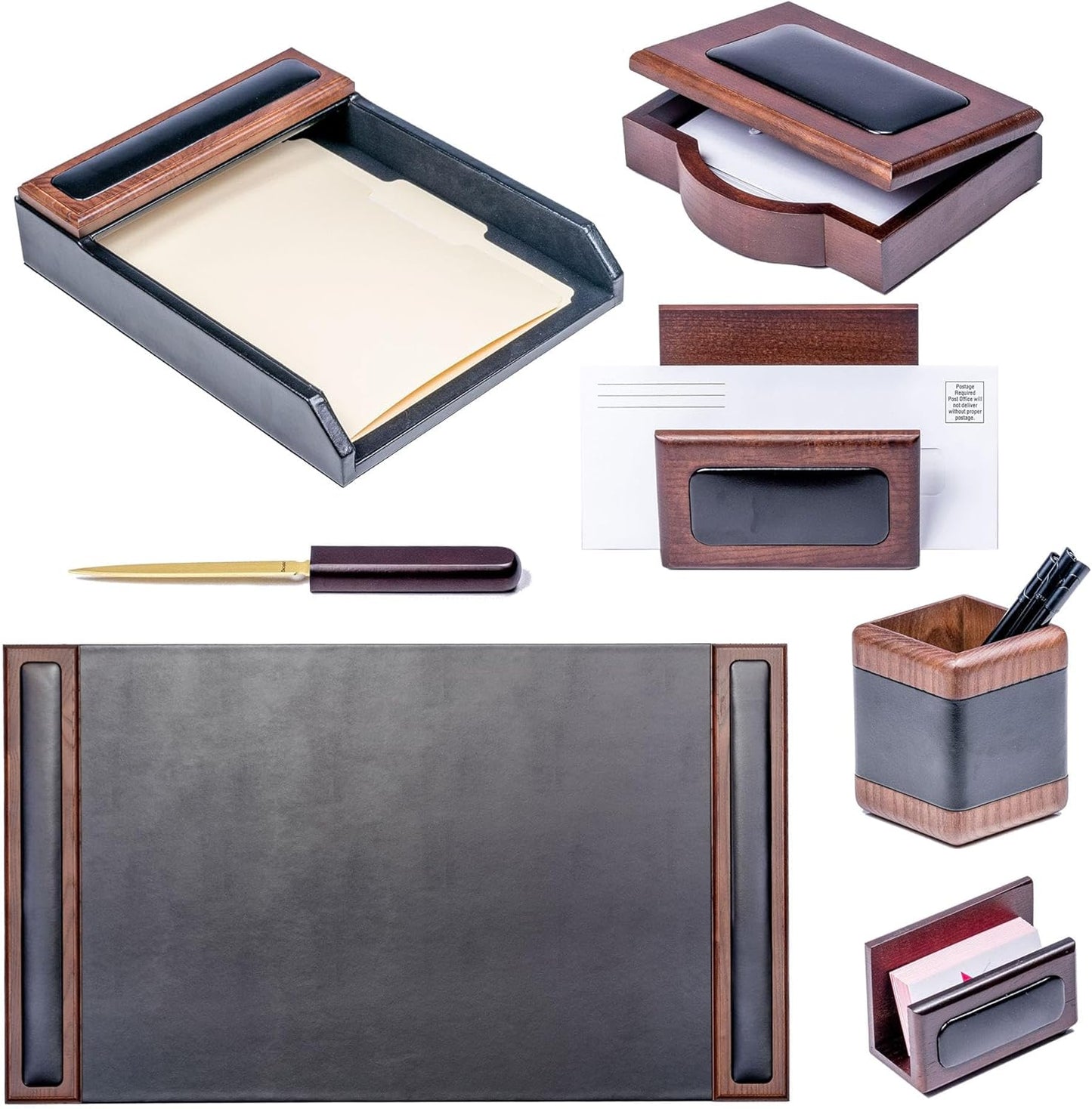 Dacasso Wood & Leather Desk Set - Luxury Leather Desk Pad & Desk Organization Essentials (Walnut and Black, 7 Piece)