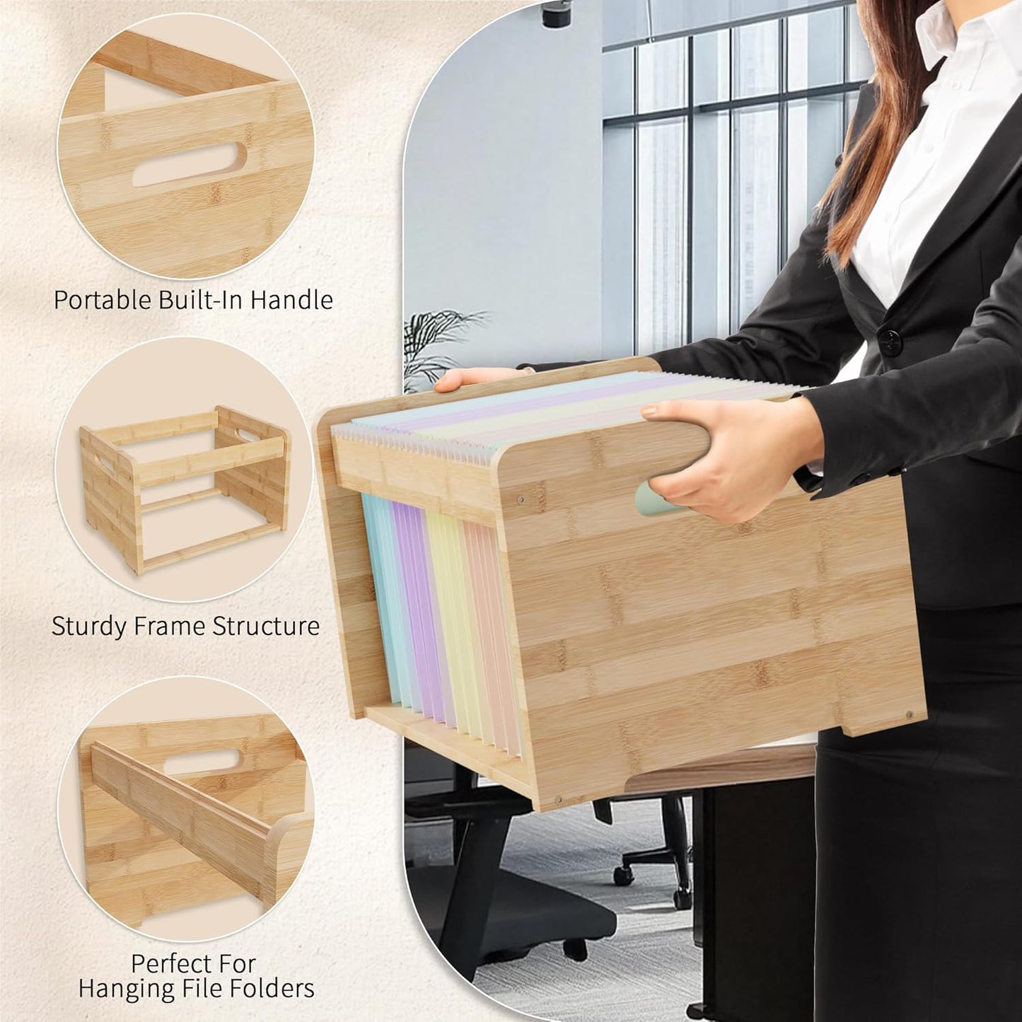 2 Pack Bamboo Hanging File Organizer, Office Desk File Organizer for Letter Size, Wood Hanging File Folders Organizer Record Holder Storage Stand Bookshelf Easy Assembly, Natural