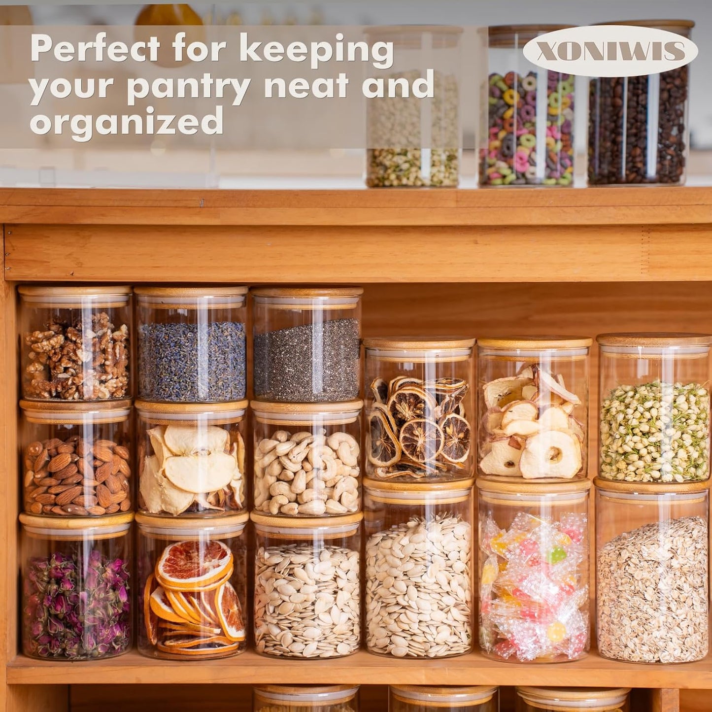 20oz 6PCS Round Airtight Glass Food Storage Jars, Clear Glass Food Container with Bamboo Lid, Stackable Spice Jar, Small Kitchen Storage for Sugar, Tea, Coffee bean, Pasta, Oat, Spice