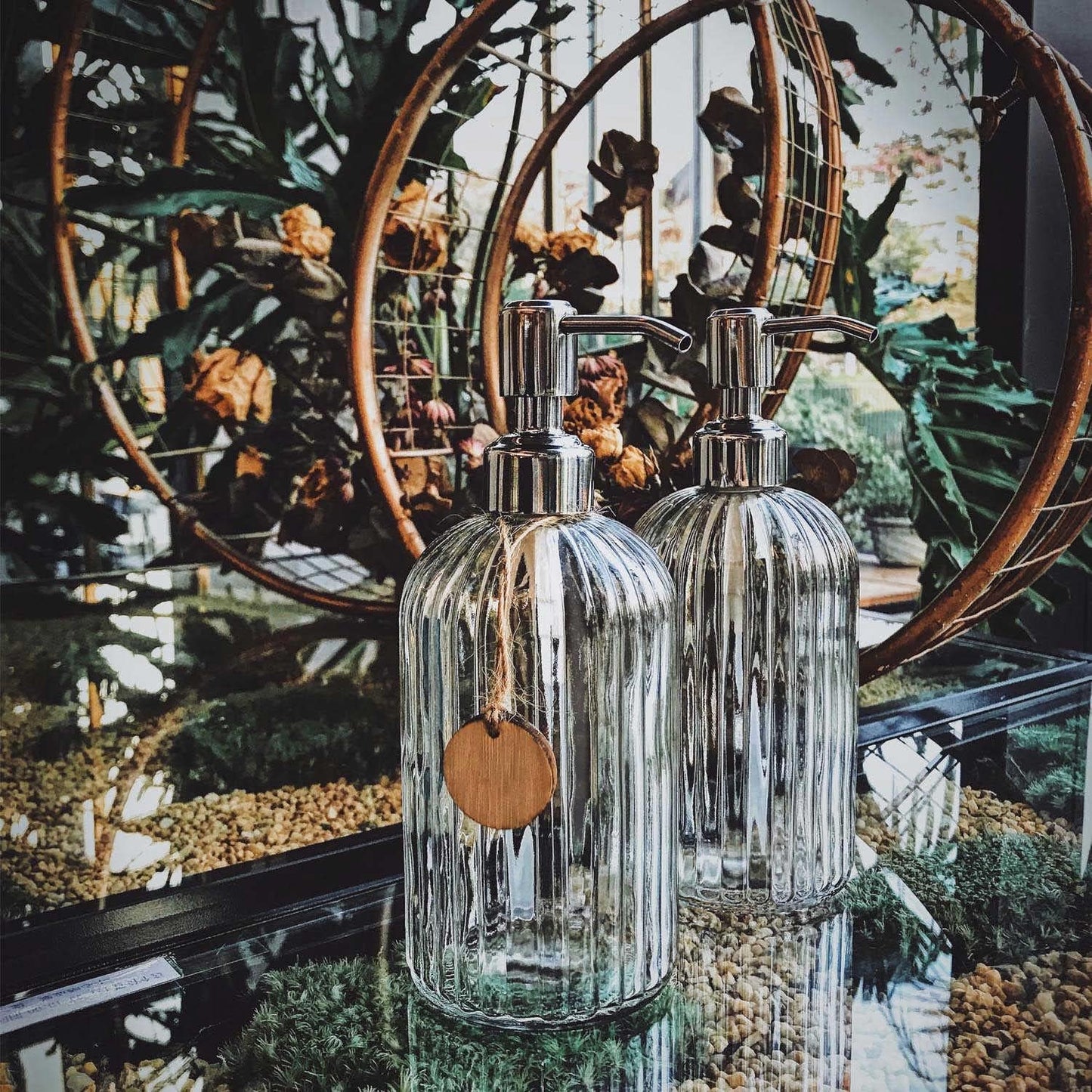 JASAI 2PACK 18 Oz Glass Soap Dispenser with Rust Proof Stainless Steel Pump, Refillable Hand Soap Dispenser with Vertical Stripe, Premium Bathroom soap Dispenser for Kitchen & Bathroom