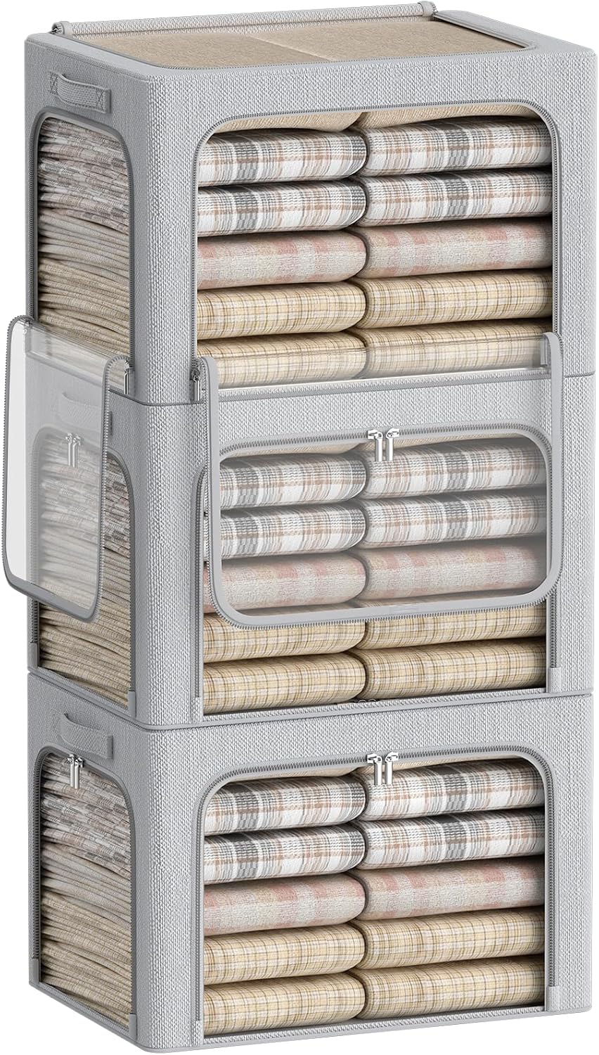 3 Openings Clothes Storage Bins Box - 3Pack Stackable Foldable Storage Bin - Metal Frame Storage Box Clothing Storage Organizer with Clear Window, Carry Handles (Light Grey, 100L-23.6x16.5x15.7in)