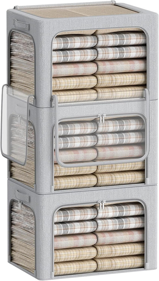 3 Openings Clothes Storage Bins Box - 3Pack Stackable Foldable Storage Bin - Metal Frame Storage Box Clothing Storage Organizer with Clear Window, Carry Handles (Light Grey, 100L-23.6x16.5x15.7in)