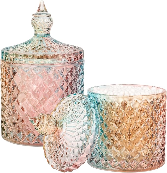 rejomiik 2 Pack Qtip Holder Glass Bathroom Accessories Vanity Organizers and Makeup Storage for Cotton Swabs, Balls, Pads, Floss Picks, Candy, Small and Large Rainbow