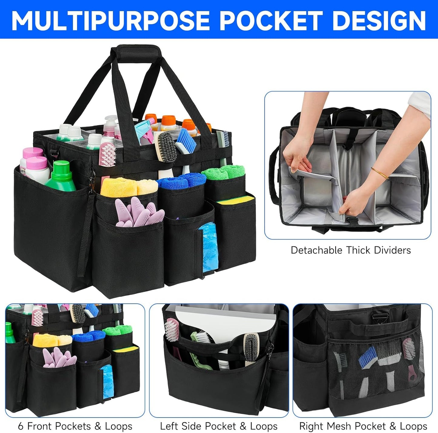 Large Rolling Cleaning Caddy Bag with Detachable Trolley,Cleaning Cart on Wheels with Shoulder Strap,Cleaning Supplies Organizer for Housekeepers,Black