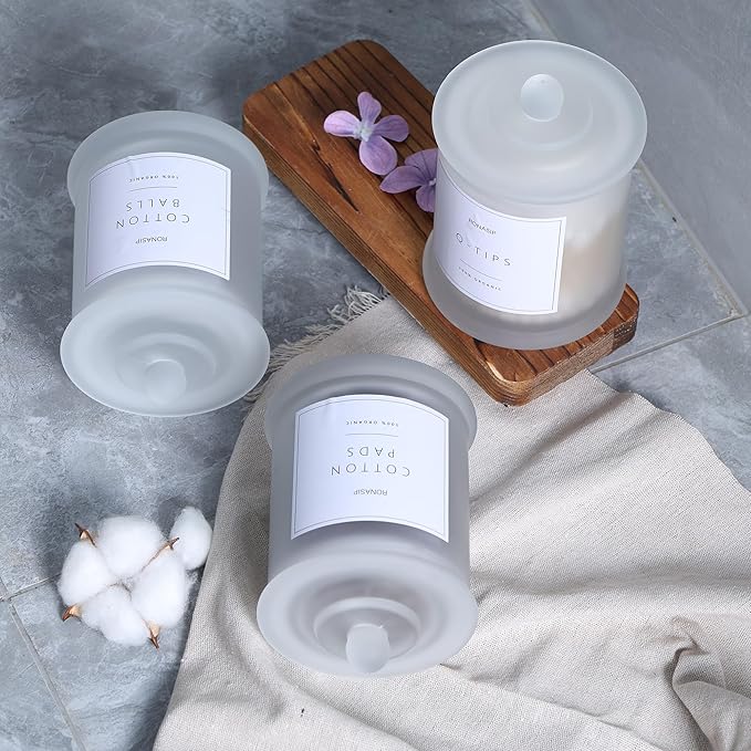 3 Pack Qtip Holder Dispenser, 16oz Bathroom Organizer and Storage Canisters, Glass Apothecary Jars with Lid - Home Decor, Room Decor Aesthetic (Frosted White)
