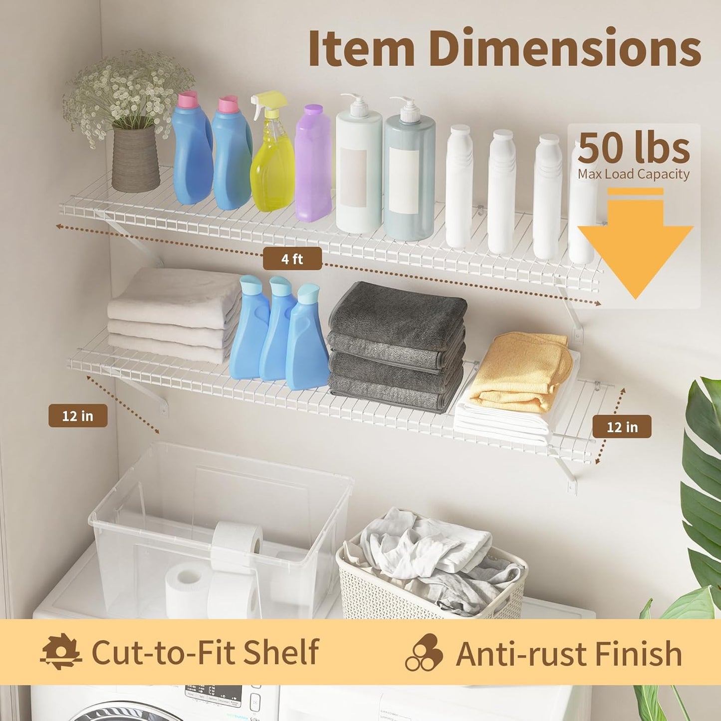 Closet Shelves Wall Mounted, 4 Pack 4 ft x 12 in White Wire Shelving Kit, Metal Wall Shelf Organizer for Home, Pantry, Laundry Room Storage