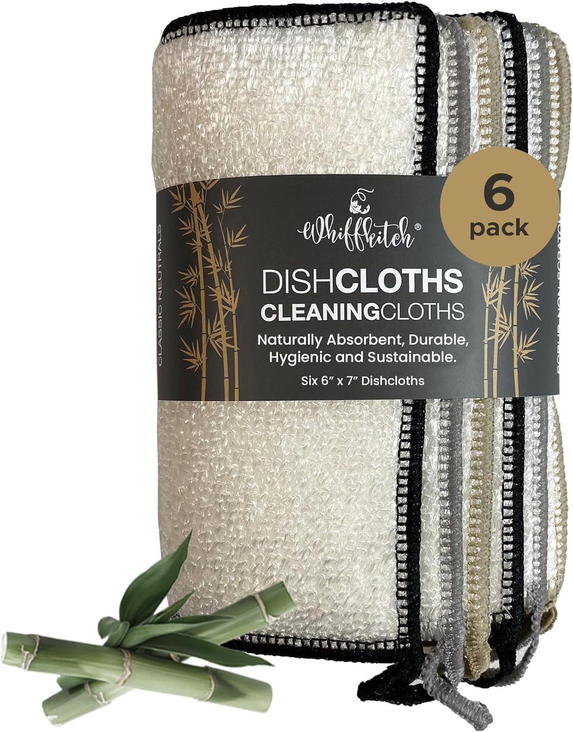 Whiffkitch Dishcloths Dishrags for Kitchen and Household Cleaning 6x7 6-Pack Non-Scratch 2-Ply Weave, Rayon Derived from Bamboo, Absorbent, Washable, Long-Lasting
