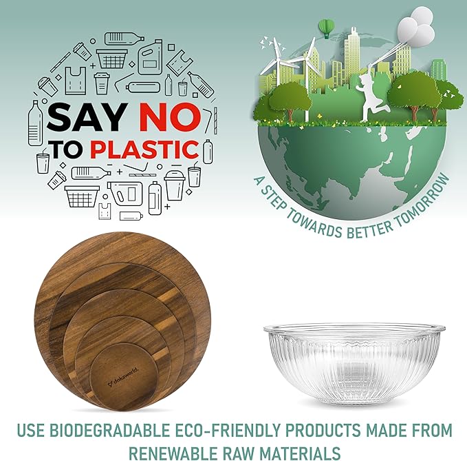 Stackable Space-Saving Set of 5 Nesting Glass Bowls with Acacia Lids for Foodprep, Storage, Mixing & Cooking - Microwave & Oven-ready BPA Free Durable Heat Resistant Inert Borosilicate Glass