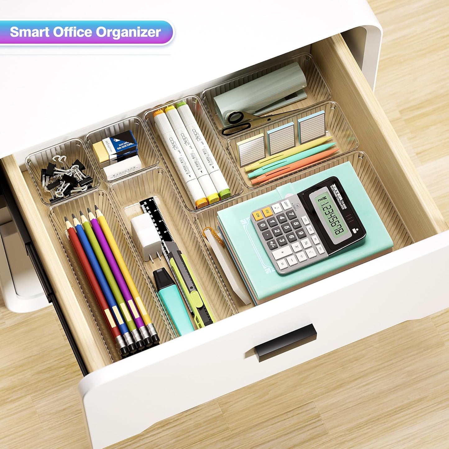 47 PCS Clear Plastic Drawer Organizer Set - 4 Sizes Makeup Organizer Desk Drawer Divider Bathroom Organizers and Storage Bins for Makeup, Jewelry, Gadgets, Office, Kitchen, Bedroom, Bathroom