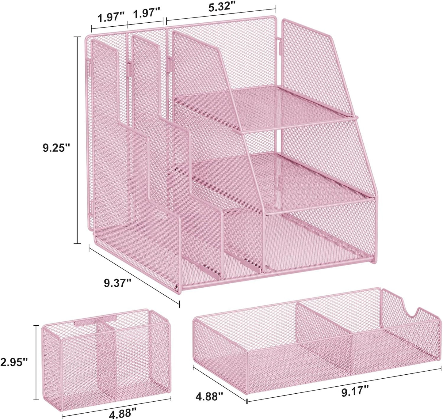 Marbrasse Desk Organizer and Accessories, 3-Tier File Organizer with Drawer and Pen Holder, Small Desktop Organizer and Storage for Workspace Office Supplies Pink