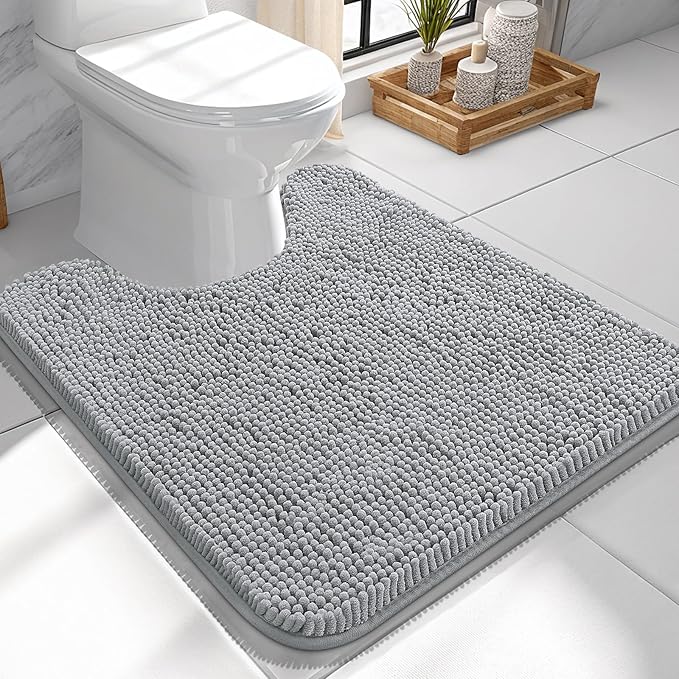 OLANLY Toilet Rugs U-Shaped 24x24, Extra Soft Absorbent Chenille Contour Bathroom Rugs for Toilet, Dry Quickly, Machine Washable, Non-Slip Bath Mat, Light Grey