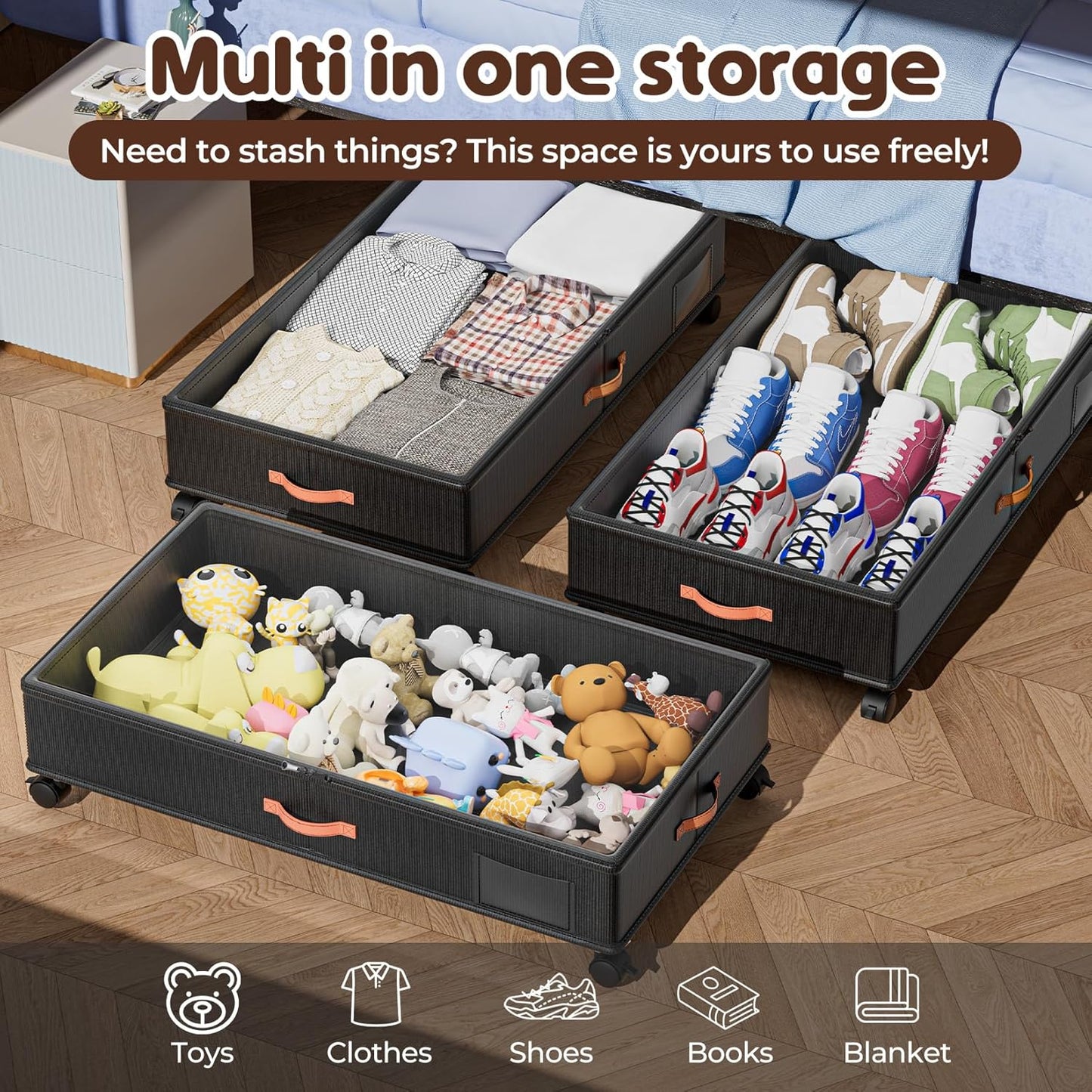 Under Bed Storage with Wheels 2-Pack – 66L XXL Larger Stackable Under Bed Storage Containers with Clear Window & Labels, Rolling Under Bed Drawers for Clothes, Shoes, Blankets (Dark Grey)