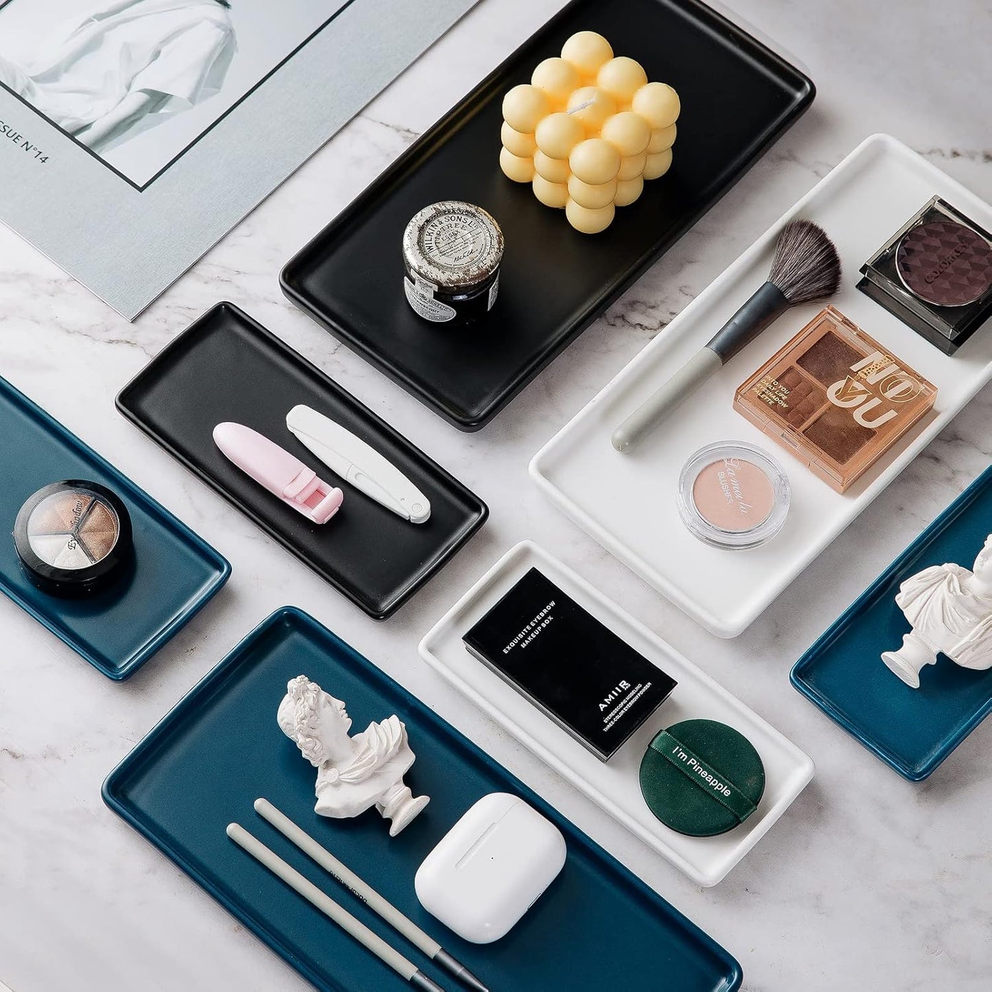 Bathroom Tray countertop 10" Set of 2, Ceramic Vanity Tray,Organizer Tray,Kitchen soap Tray (Black)