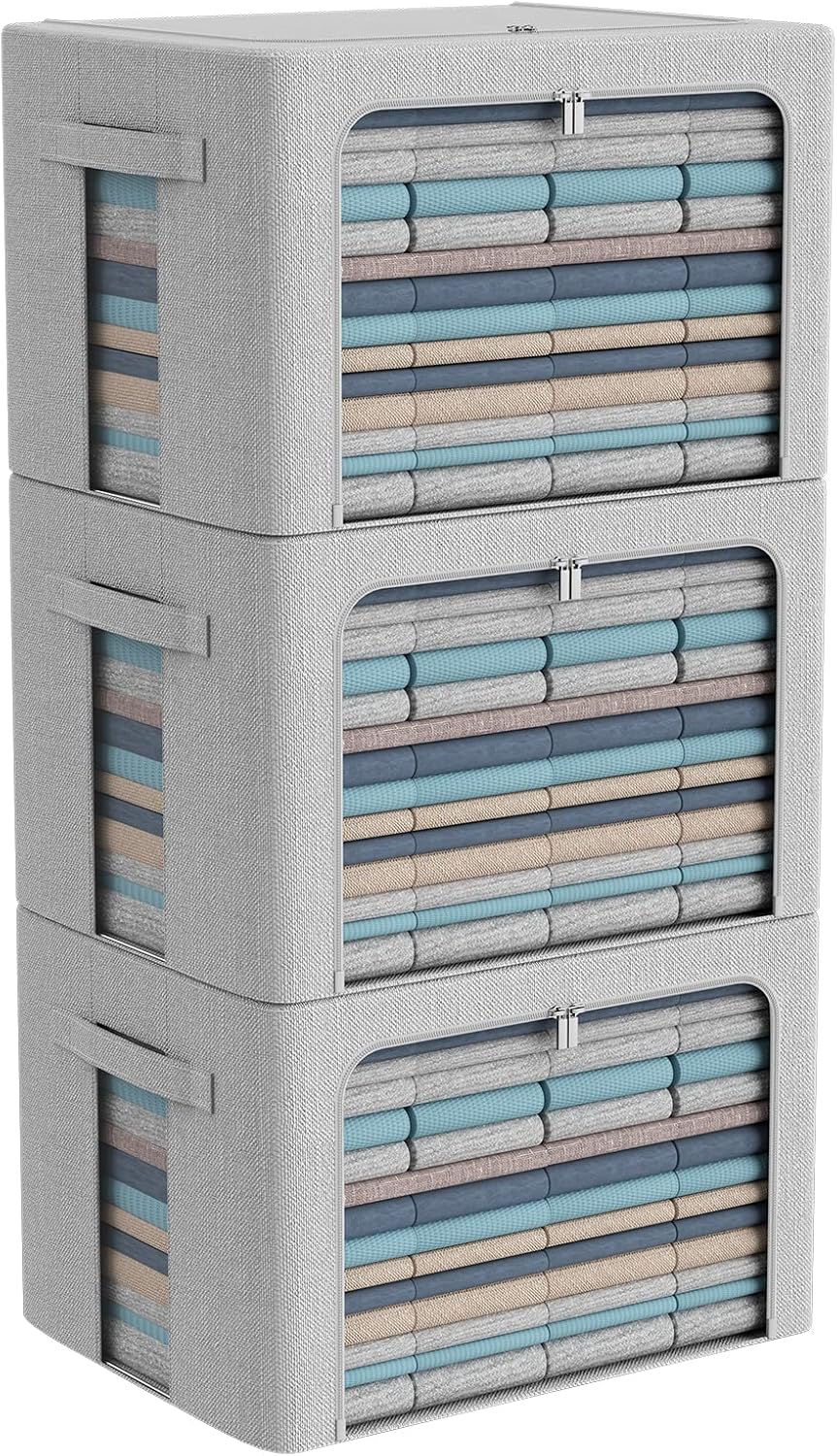 CYhom 3Pack Foldable Storage Bins - Frame Storage Box Linen Fabric Stackable Clothes Container Organizer with Clear Window & Carry Handles Large Capacity (Large-66L, Light Grey)