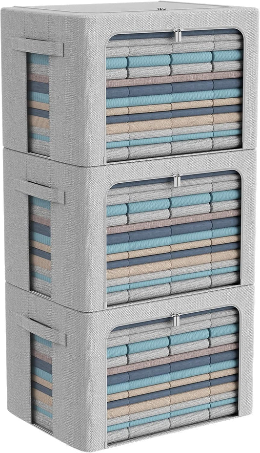 CYhom 3Pack Foldable Storage Bins - Frame Storage Box Linen Fabric Stackable Clothes Container Organizer with Clear Window & Carry Handles Large Capacity (Large-66L, Light Grey)