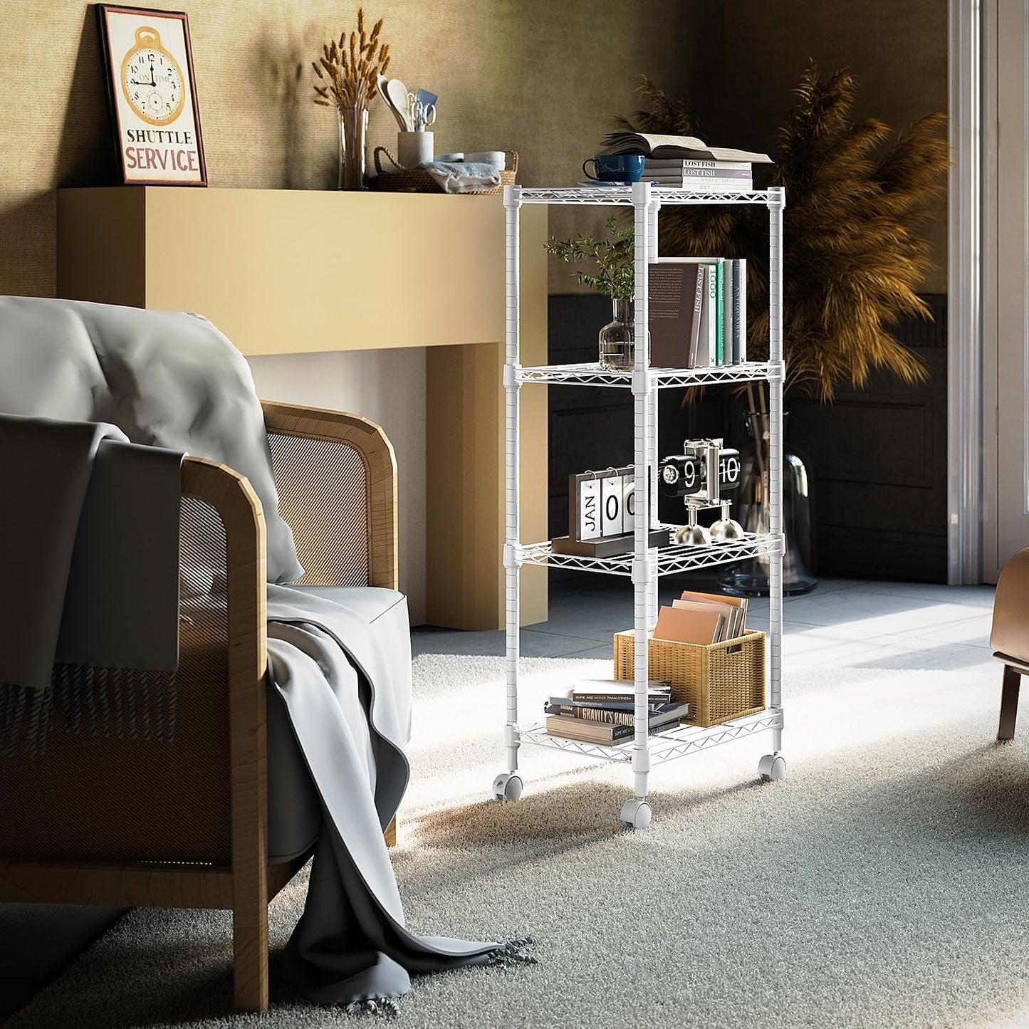 1000 lbs 4-Shelf Adjustable Heavy Duty Steel Wire Rack, Adjustable Storage Shelving Unit with Wheel for Kitchen, Garage, Laundry White 11.8" D x 17.7" W x 40.8" H