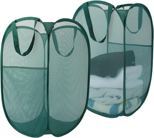Upgraded 100L Extra Large Collapsible Laundry Baskets, 2 Pack XL Mesh Pop Up Laundry Hamper with Handles, Portable Travel Laundry Basket, Foldable Hamper. Green