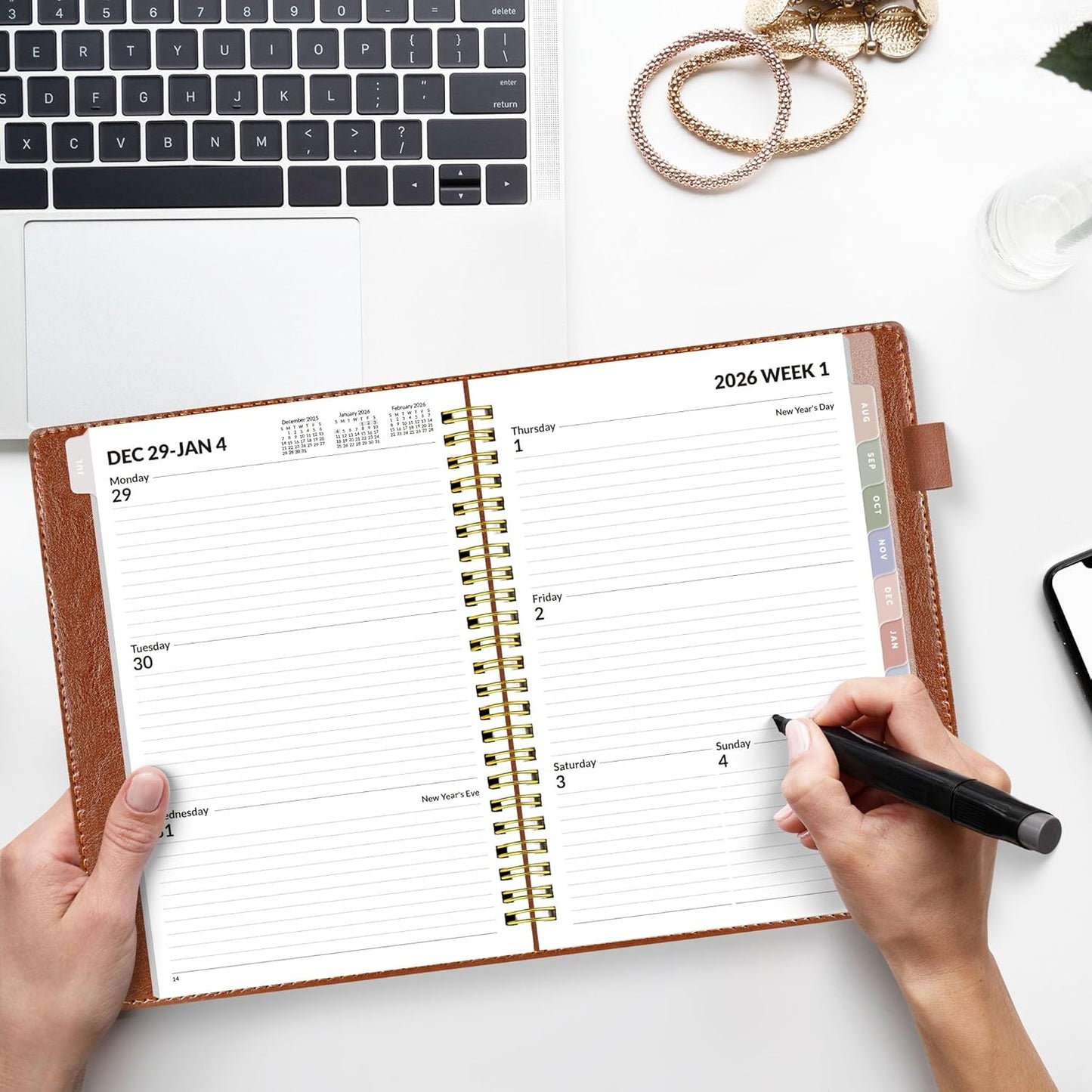 SUNEE 2026 Weekly & Monthly Planner 6.4"x8.5"- 12 Month (January 2026 - December 2026), Vegan Leather Cover, Pocket, Bookmark, Notes, Monthly Tab, Brown