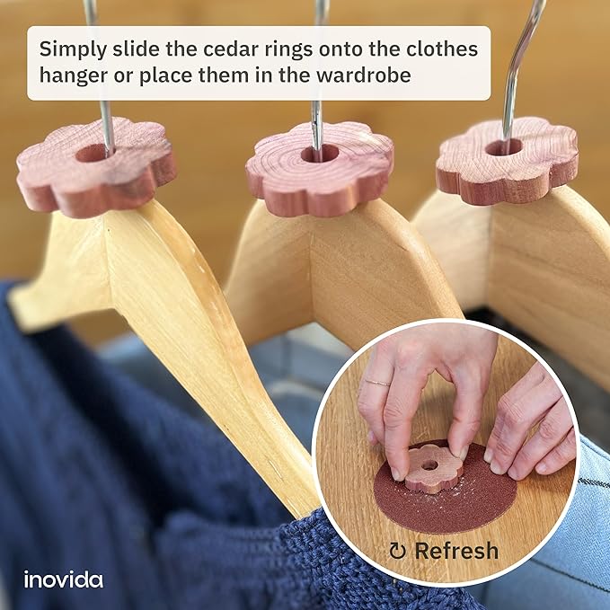 30 American Cedar Wood Rings – Stop Clothes Damage - Wardrobe Freshener – Premium American Cedarwood Flowers for Fresh Scent in Drawers and Closets - Cedar Clothes Hangers