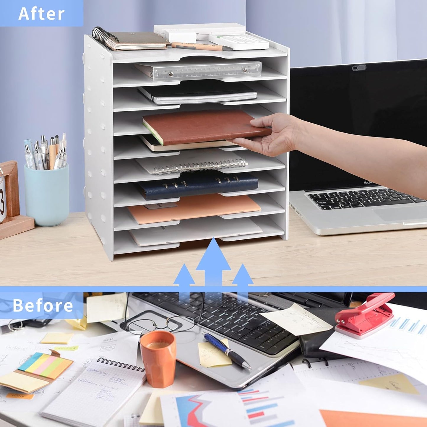 Paper Organizer Storage for Desk, 9 Tier Construction File Organizer Paper Sorter, Desktop Document Storage Holder for Home Office School, 14 1/8" x 10 1/4" x 15 3/8", White