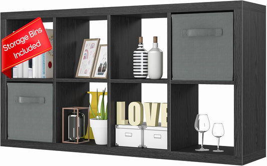 Bookshelf with Storage Bins, 8-Cube Storage Organizer, Modern Black Bookshelf for Bedroom, Multifunctional Display Cube Bookshelves for Living Room, Bedroom, Home Office