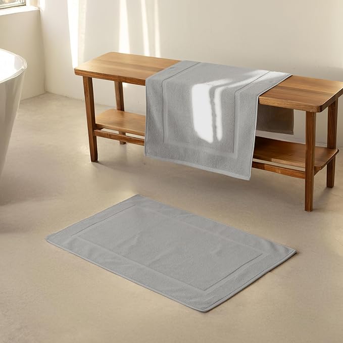 SALBAKOS 100% Turkish Cotton Bath Mat Set 2-Piece - 20x34 inch, Premium Quality Hotel & Spa Collection, Soft, Absorbent, Long Lasting, Durable Bathroom Rugs | Made in Turkey (Silver, 2 Bath Mats)