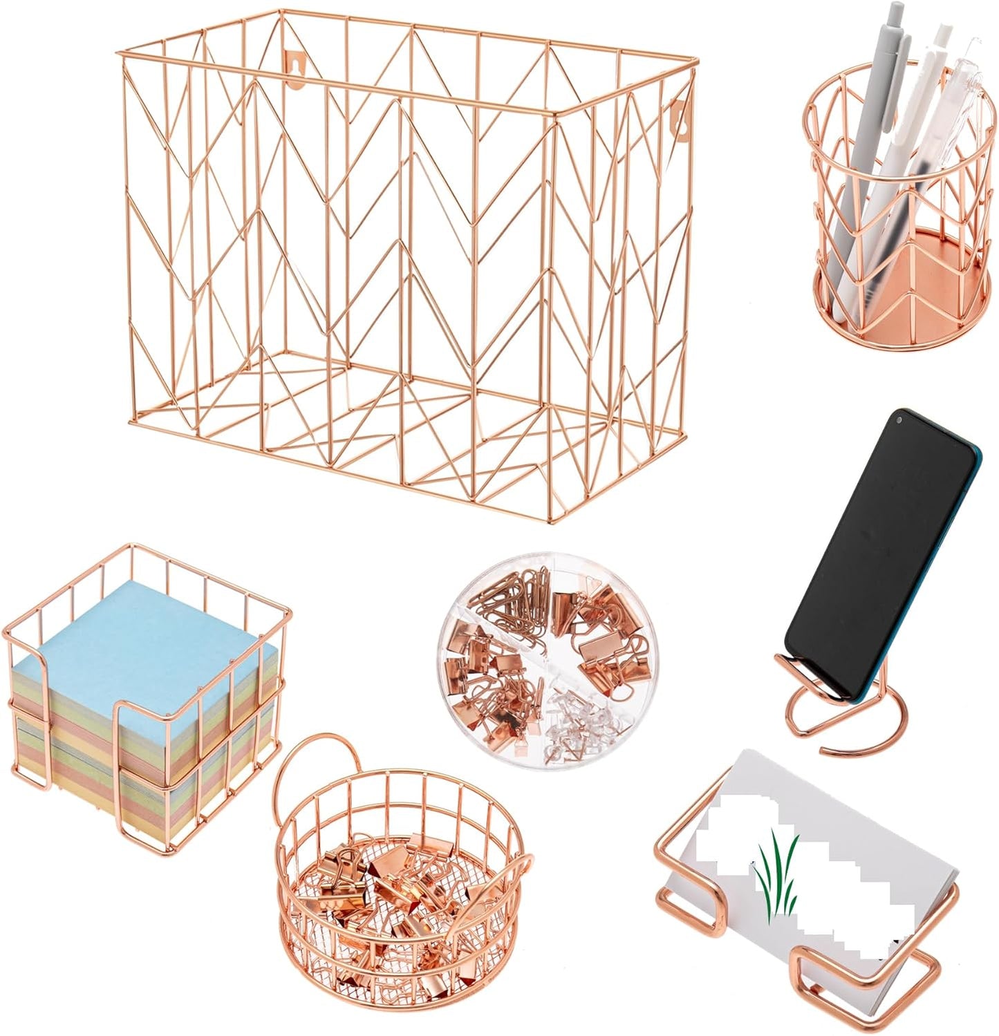 Hanging Rose Gold File Organizer, equipped with a 6-piece set of rose gold desktop accessories